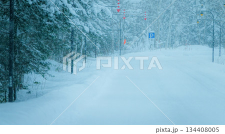 北海道美瑛町白金温泉に行く途中の冬の圧雪した白樺街道 北海道美瑛町白金温泉に行く途中の冬の圧雪した白樺街道 134408005