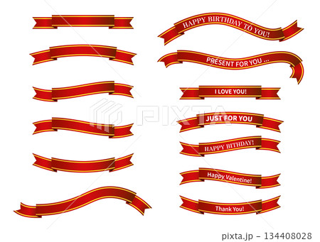 赤と金色のグラデーションのリボンのイラストセット バナー素材 134408028