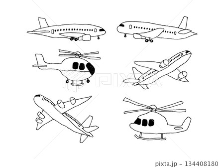 飛行機とヘリコプターの手描きイラストセット 134408180