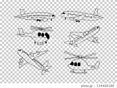 飛行機とヘリコプターの手描きイラストセット 134408180