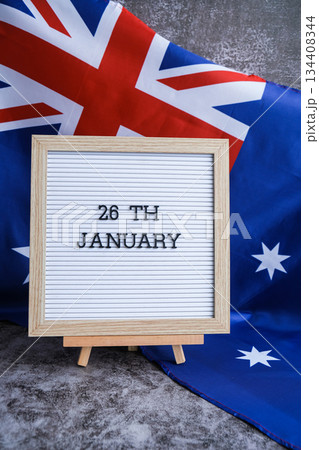 Letterboard with text 26th JANUARY national day promotions. Trendy patriotic mockup with date emphasis Australian flag 134408344