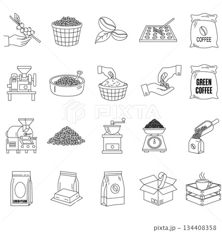 This illustration presents a comprehensive set of 20 minimalist line art icons detailing the coffee production process. It starts with the hand-picking of coffee cherries from the branch, followed by  134408358