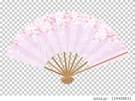 一幅描繪美麗櫻花的扇形插畫。 134408631
