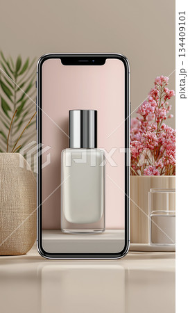 スマートフォンに映るミニマルなコスメボトル広告イメージ スマートフォンに映るミニマルなコスメボトル広告イメージ 134409101