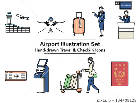 イラスト素材: 空港と旅行のチェックインを表すイラストセット 134409129