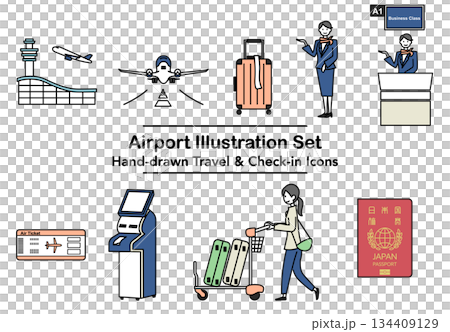 庫存插圖：一組展示機場和旅行報到的插圖 134409129