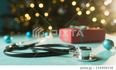 Stethoscope Near Christmas Gift From Doctor For Gift Treatment Stethoscope Near Christmas Gift From Doctor For Gift Treatment 134409130