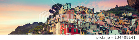 Village Riomaggiore in Cinque Terre at sunset, Italy 134409141