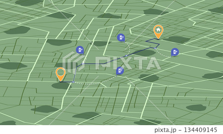 Location EV charging station location on route to home. Gps navigation map EV supercharger station. Path turns and destination tag or mark. Tracking path, route. Isometric vector illustration. 134409145