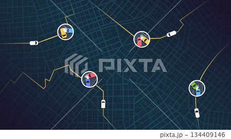 Accident road. Traffic detours on map. Closed turns on road, highway disruptions. Location tracks dashboard. Generic city map with streets and houses. Isometric vector illustration 134409146