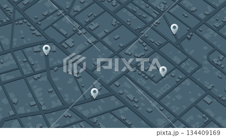 Isometric map with pins location on streets. Online navigation map pointer, place mark with map navigation. Pins with 3d buildings. Vector illustration 134409169