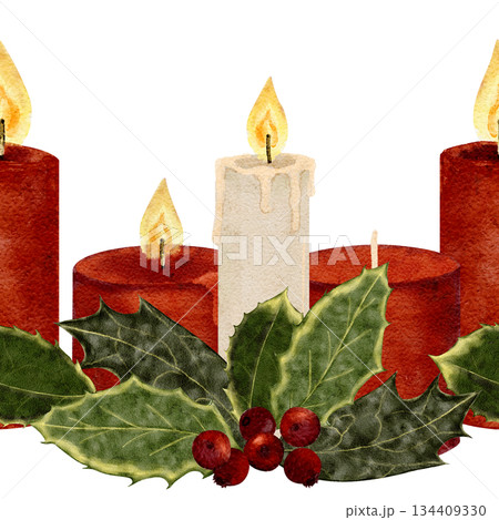 Two Christmas candles with holly leaves, red berries. Watercolor seamless border isolated on white perfect for holiday cards, seasonal packaging, decor, invitations, festive design projects. Winter 134409330