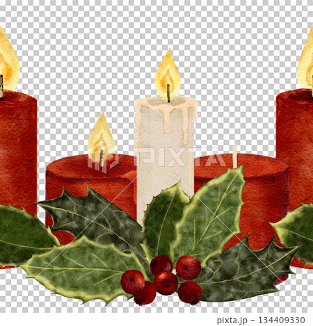 Two Christmas candles with holly leaves, red berries. Watercolor seamless border isolated on white perfect for holiday cards, seasonal packaging, decor, invitations, festive design projects. Winter 134409330