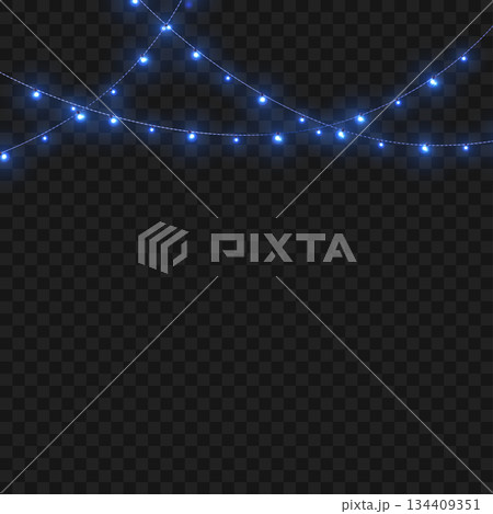 Christmas Blue Crossed Glowing String Lights Border on Transparent Background. Vector 134409351