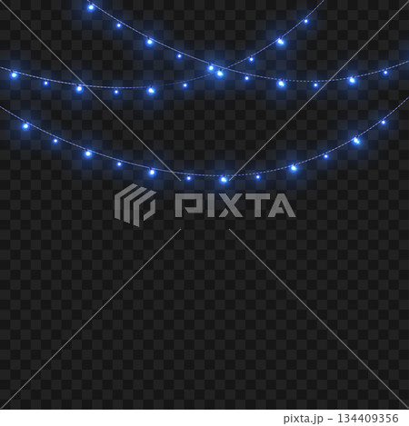 Christmas Blue Crossed Glowing String Lights Border on Transparent Background. Vector 134409356