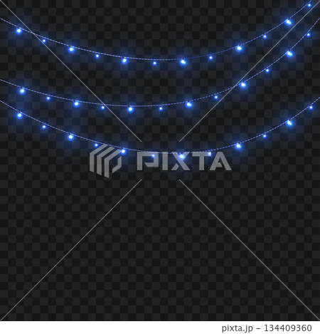 Christmas Blue Crossed Glowing String Lights Border on Transparent Background. Vector 134409360