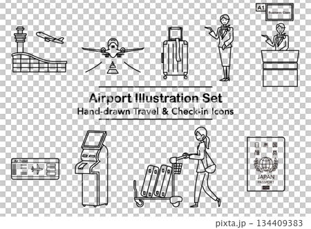 Stock Illustration: Line drawing illustration set showing airport and travel check-in 134409383