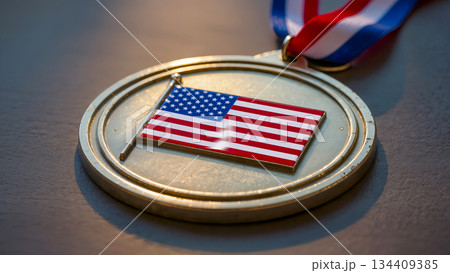 Gold military medal with USA flag on a ribbon for Veterans Day. 134409385