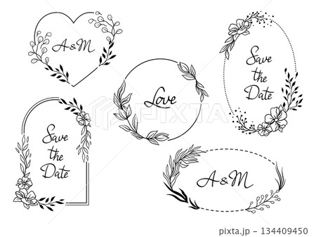 Set of various wedding frames. Marriage decorations with pretty stylized floral twigs. 134409450