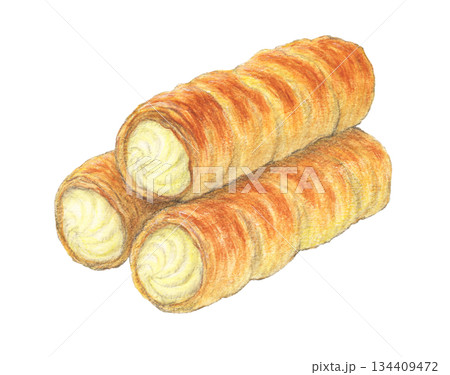 クリームホーン　筒形クリームパイ　水彩色鉛筆イラスト 134409472