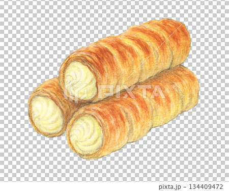 クリームホーン　筒形クリームパイ　水彩色鉛筆イラスト 134409472