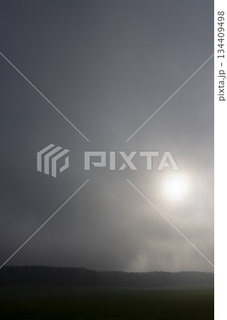 autumn gray sky covered with thick clouds and thick fog , dreary gray sky and thick fog that obscures the view 134409498