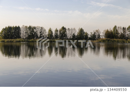 a lake in calm autumn weather at sunset, a lake with plants in the autumn season at sunset a lake in calm autumn weather at sunset, a lake with plants in the autumn season at sunset 134409550