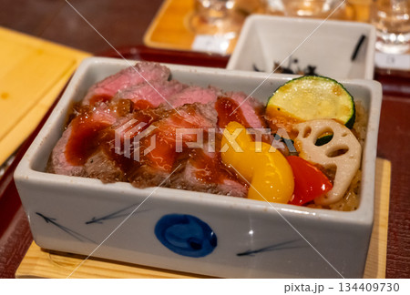 Wagyu beef dish served in a restaurant on Miyajima island 134409730