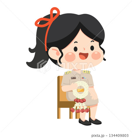 Cartoon Teacher Woman Holding a Garland 134409803
