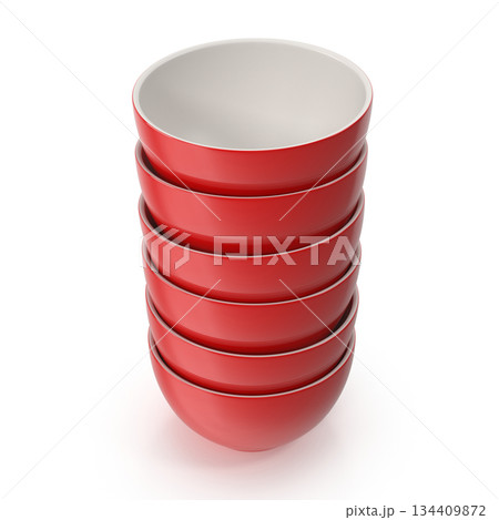 Stack of Red Ceramic Bowls on White Background 134409872
