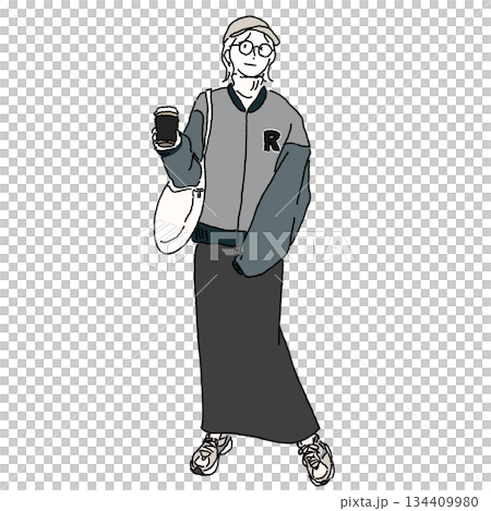 身穿運動夾克和長裙的女性時尚插畫——休閒成人裝扮，配上咖啡 134409980