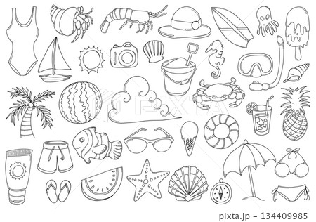 Summer Related Doodle vector set. Drawing sketch illustration hand drawn line eps10 134409985