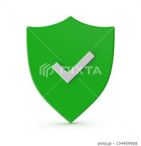 3D Green Shield with White Checkmark for Security and Validation 134409988