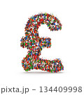 Pound Sterling Symbol Composed of Numerous Colorful Confetti 134409998