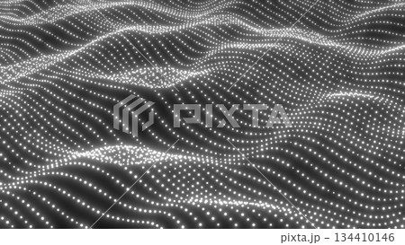 White digital particles form a monochrome flowing terrain resembling futuristic waves and smooth contours 134410146
