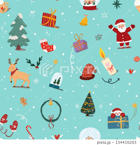 winter Christmas seamless pattern background, with cute cartoon of Santa Claus, ornament, Christmas tree, gift box, candy canes, reindeer, snow globe, sock isolated on light green background winter Christmas seamless pattern background, with cute cartoon of Santa Claus, ornament, Christmas tree, gift box, candy canes, reindeer, snow globe, sock isolated on light green background 134410203