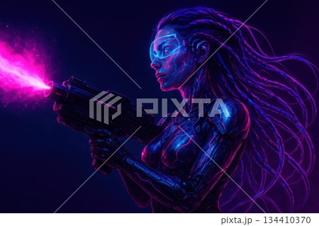 Side View of a Cybernetic Female Warrior Firing a Plasma Cannon Side View of a Cybernetic Female Warrior Firing a Plasma Cannon 134410370