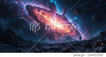 Exploding Supernova And Black Hole Tearing Through An Alien Planet Sky 134410385