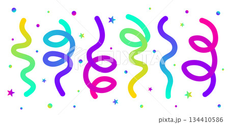 Colorful serpentine streamers with stars and dots on red background. Festive celebration design for party invitation, New Year greeting card, birthday event poster. Vector Colorful serpentine streamers with stars and dots on red background. Festive celebration design for party invitation, New Year greeting card, birthday event poster. Vector 134410586