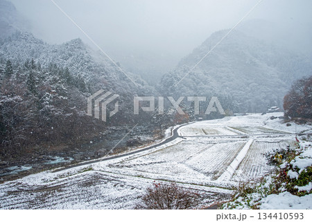 雪が積もった田んぼと馬瀬川《岐阜県 下呂市 馬瀬》 134410593