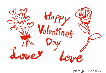 バレンタインの手描き素材・バラの花と文字のセット バレンタインの手描き素材・バラの花と文字のセット 134410720