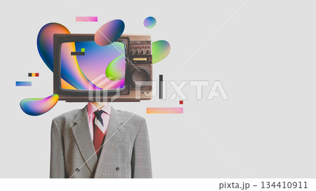 Minimal artwork of man with television head and structured graphic accents Minimal artwork of man with television head and structured graphic accents 134410911