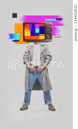 Digital collage of man with television head and fragmented color signals. Digital collage of man with television head and fragmented color signals. 134410912