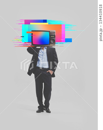 Conceptual composition of businessman with glitch television head on neutral background. 134410918