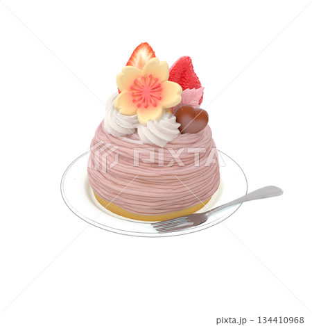 苺と桜のホワイトチョコ付き桜色モンブランケーキのイラスト 134410968