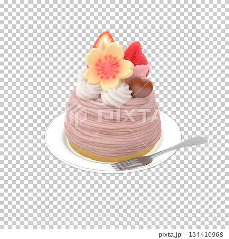 苺と桜のホワイトチョコ付き桜色モンブランケーキのイラスト 134410968