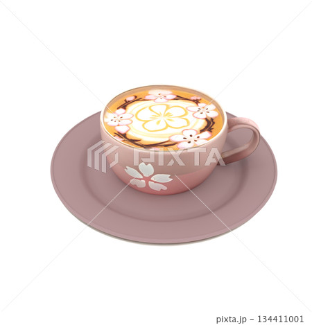 カフェや喫茶店の桜の花の絵柄のラテアートのコーヒー カフェや喫茶店の桜の花の絵柄のラテアートのコーヒー 134411001