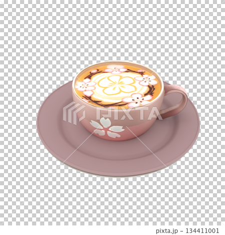 カフェや喫茶店の桜の花の絵柄のラテアートのコーヒー カフェや喫茶店の桜の花の絵柄のラテアートのコーヒー 134411001