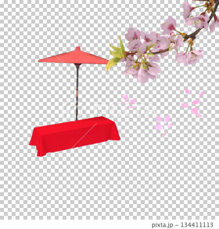 染井吉野櫻花、猩紅色地毯以及用於茶館、咖啡館和茶店戶外茶道的地墊 134411113