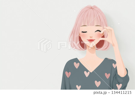 絵美シリーズ：フィンガーハートで気持ちを伝える笑顔のイラスト 134411215